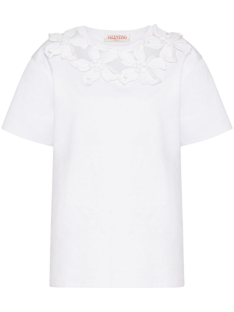 White Floral-appliquÃ_x0083_Â© Cotton T-shirt