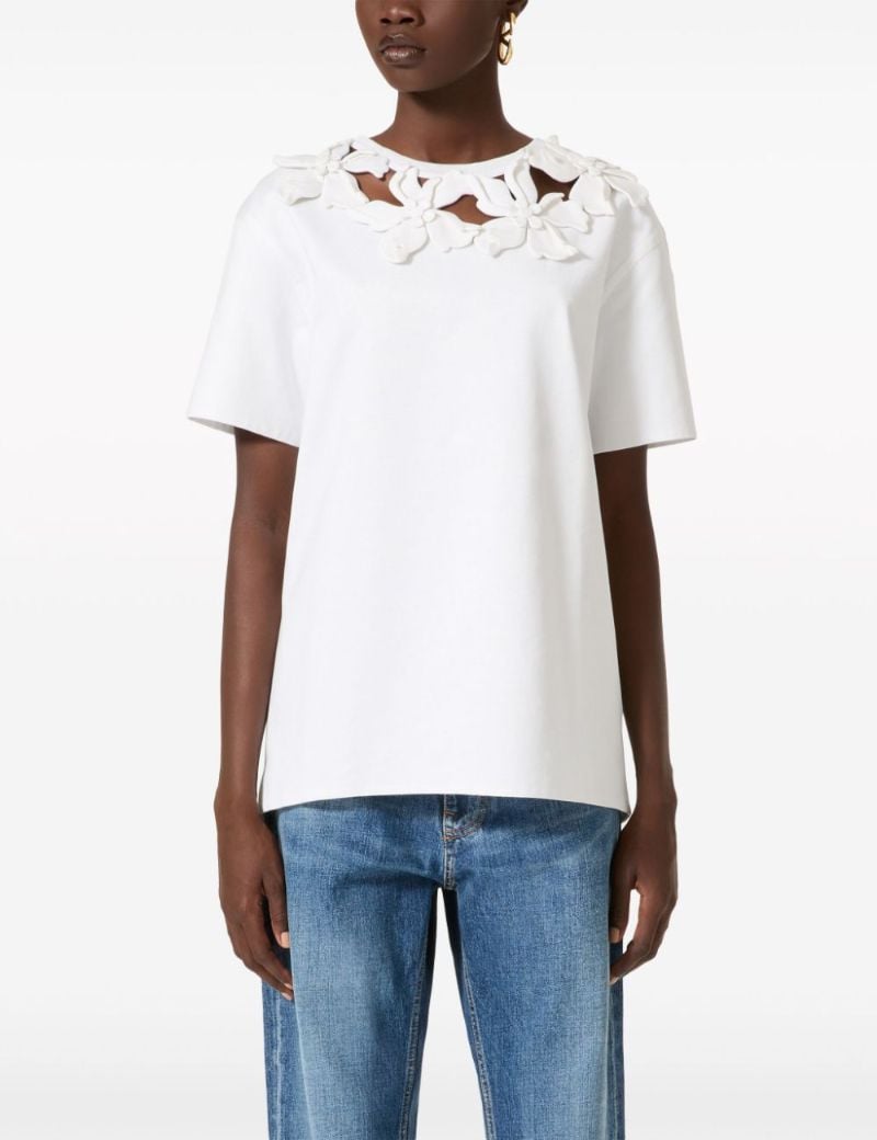 White Floral-appliquÃ_x0083_Â© Cotton T-shirt