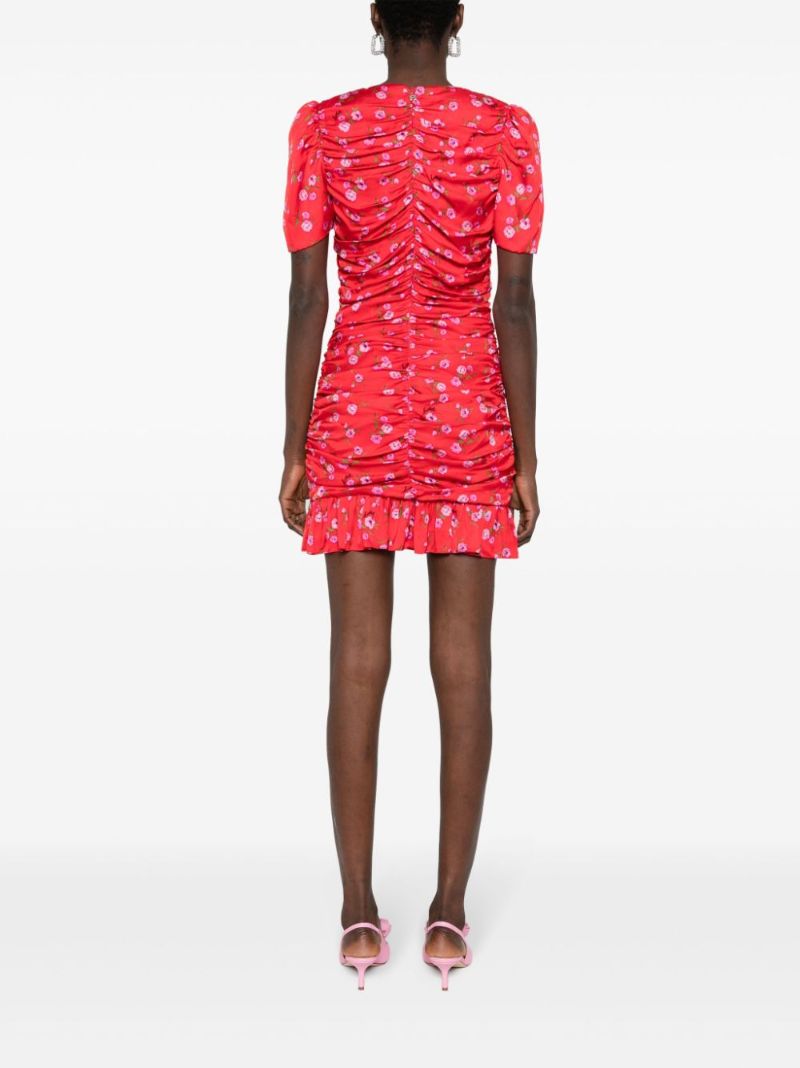 Red Floral-print Ruched Mini Dress