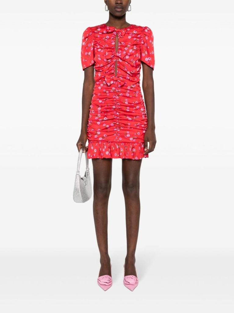 Red Floral-print Ruched Mini Dress