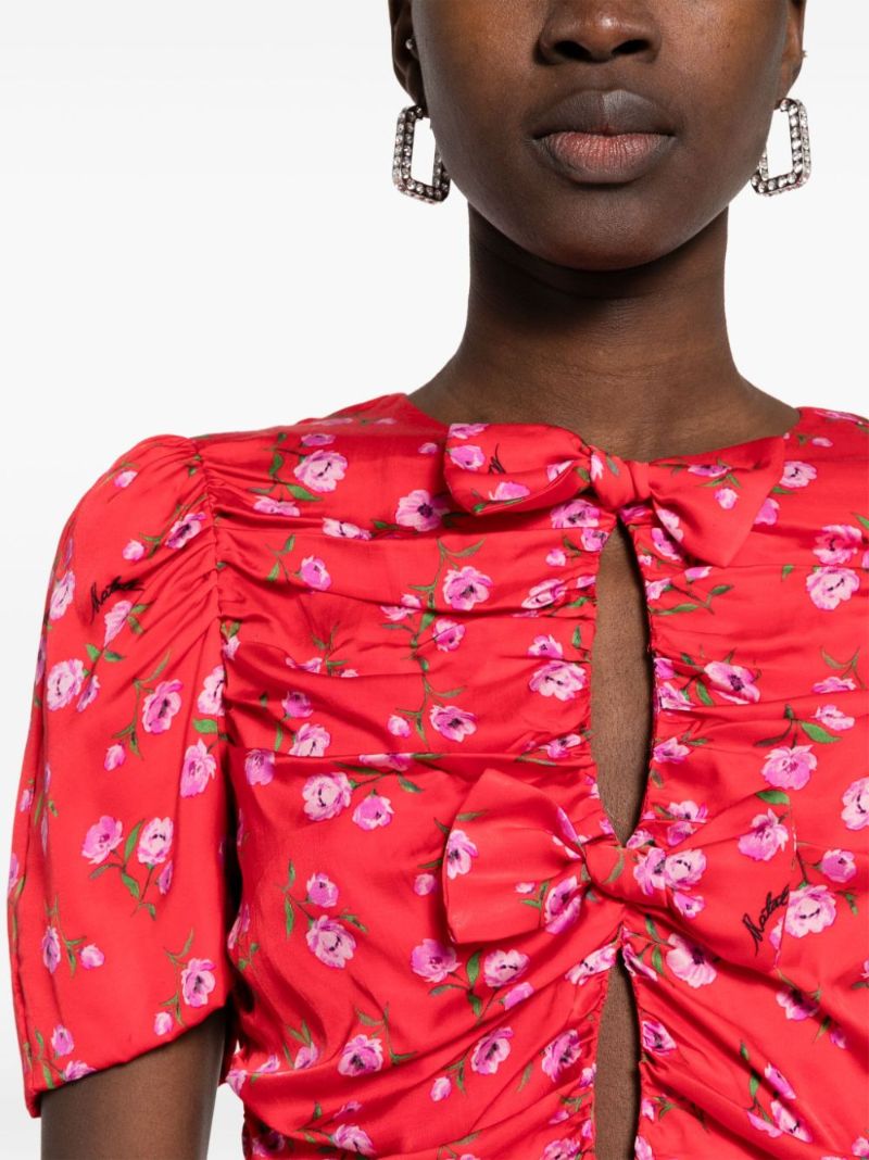 Red Floral-print Ruched Mini Dress