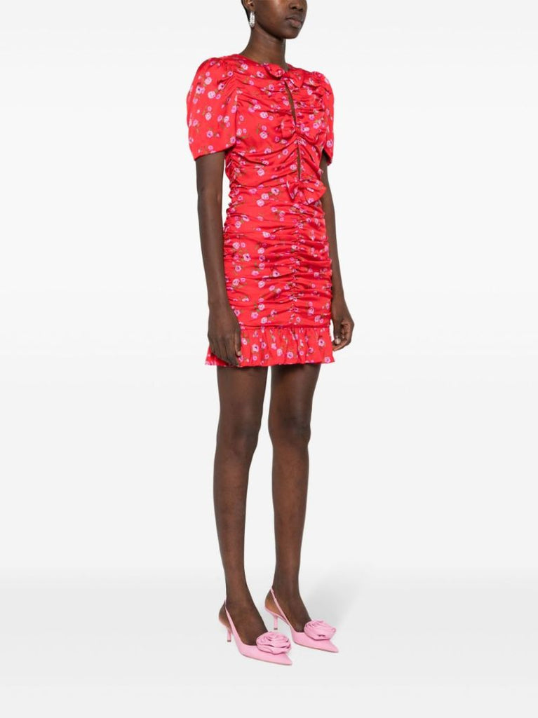 Red Floral-print Ruched Mini Dress