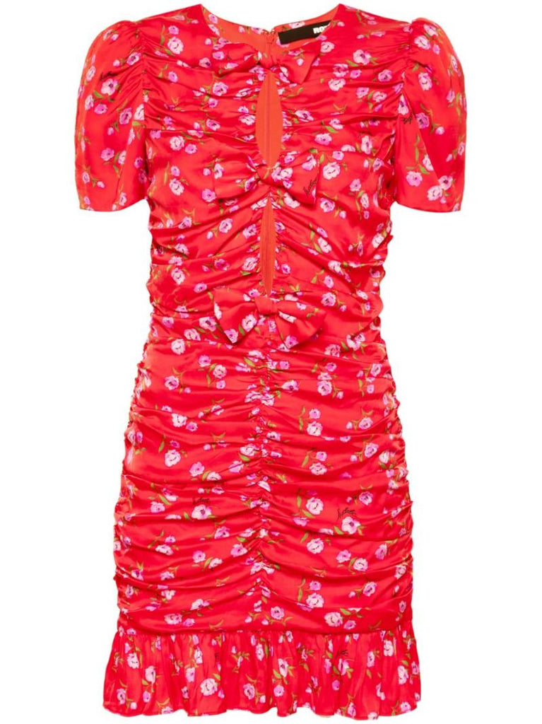 Red Floral-print Ruched Mini Dress