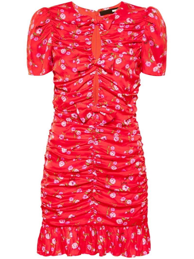 Red Floral-print Ruched Mini Dress
