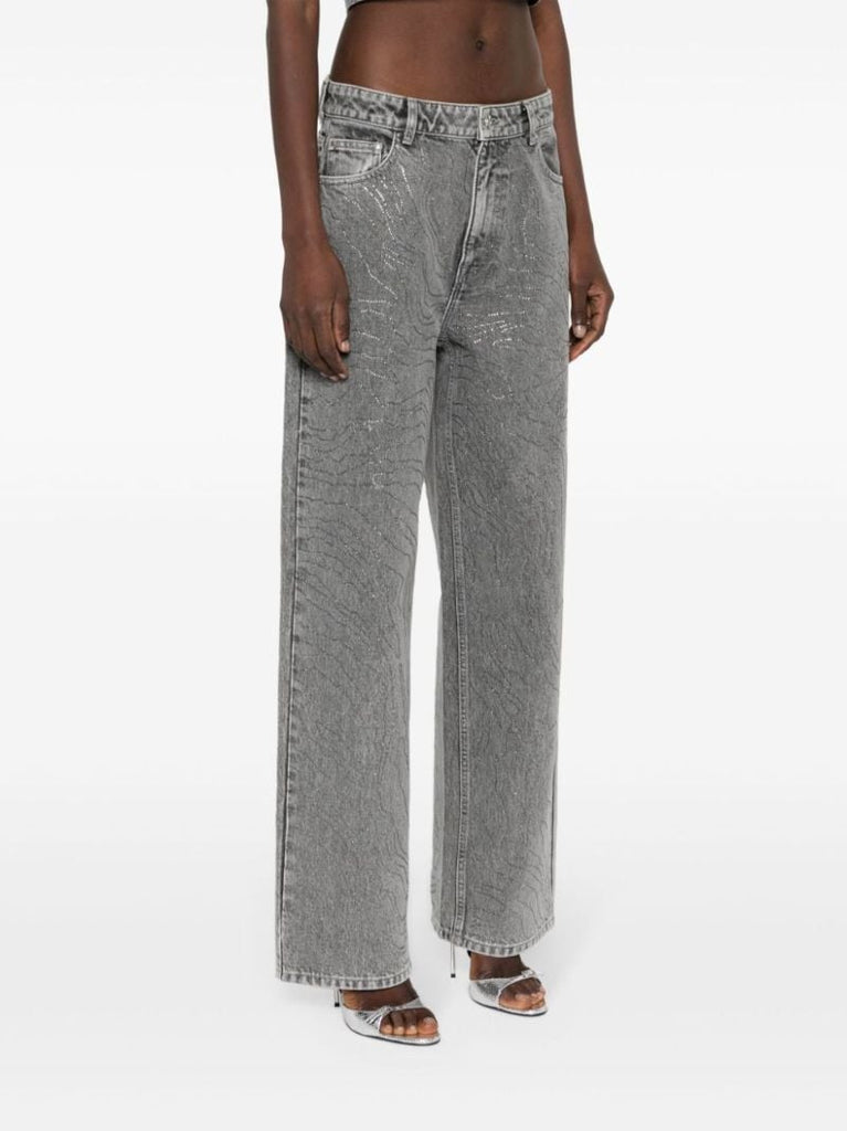 Grey Rhinestone Wide-leg Jeans