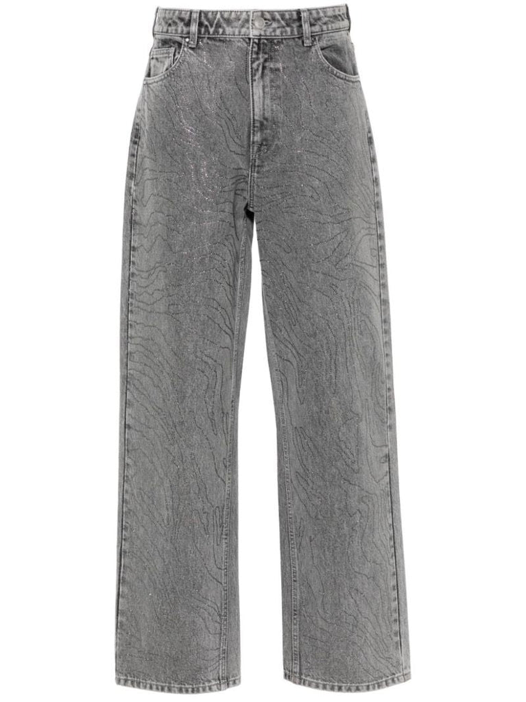 Grey Rhinestone Wide-leg Jeans