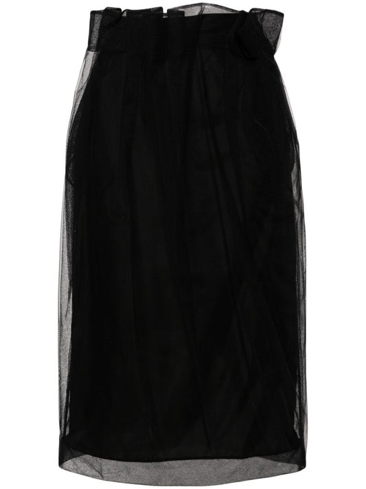 Black Draped Tulle Midi Skirt