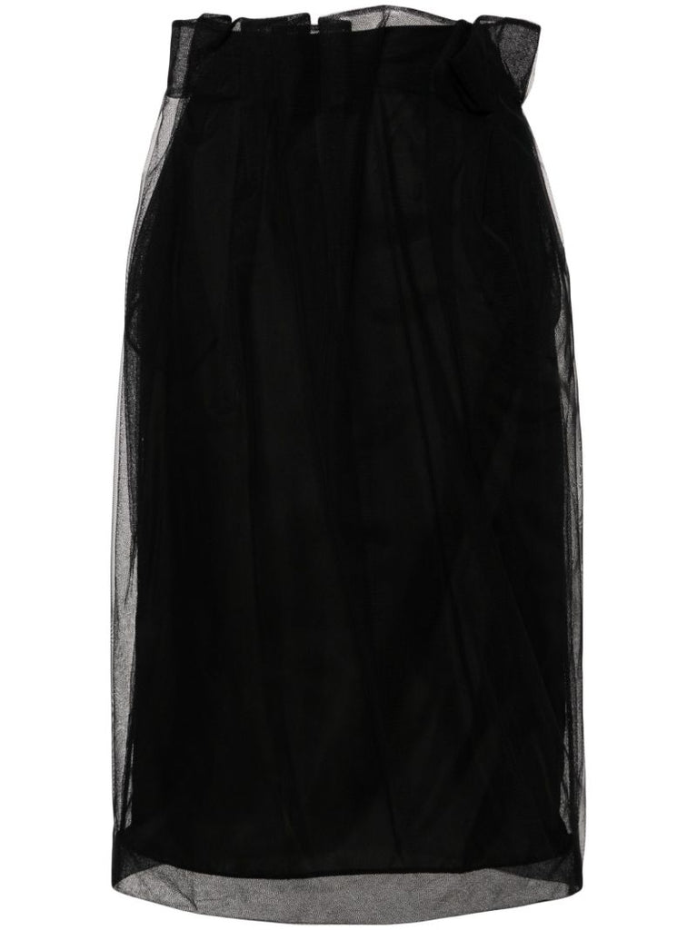 Black Draped Tulle Midi Skirt
