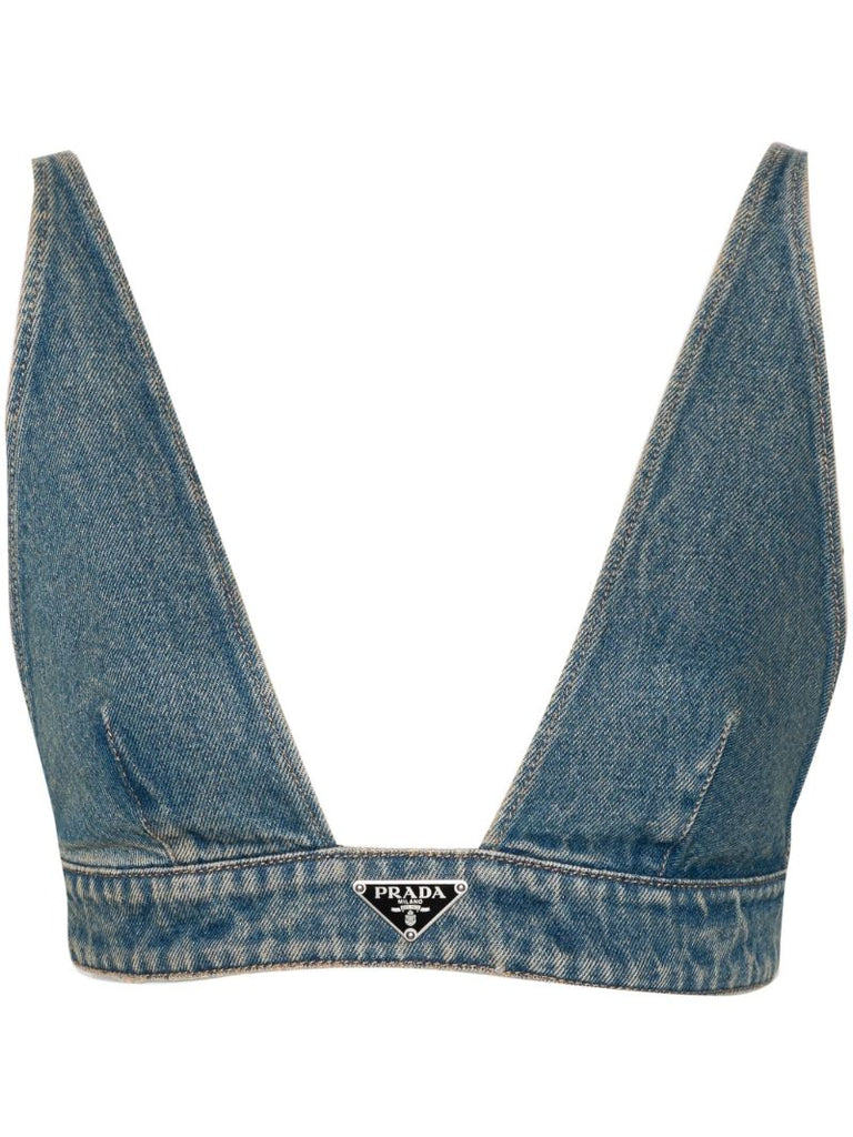 Blue Triangle-logo Denim Cropped Top