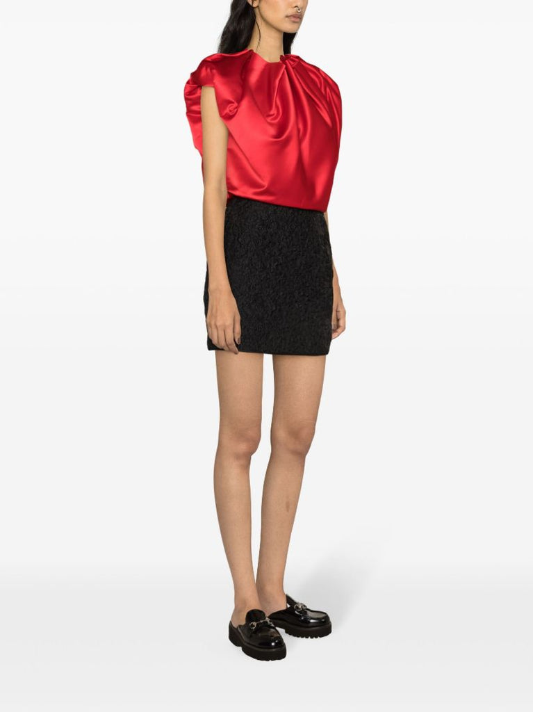 Red Draped Satin Cropped Blouse