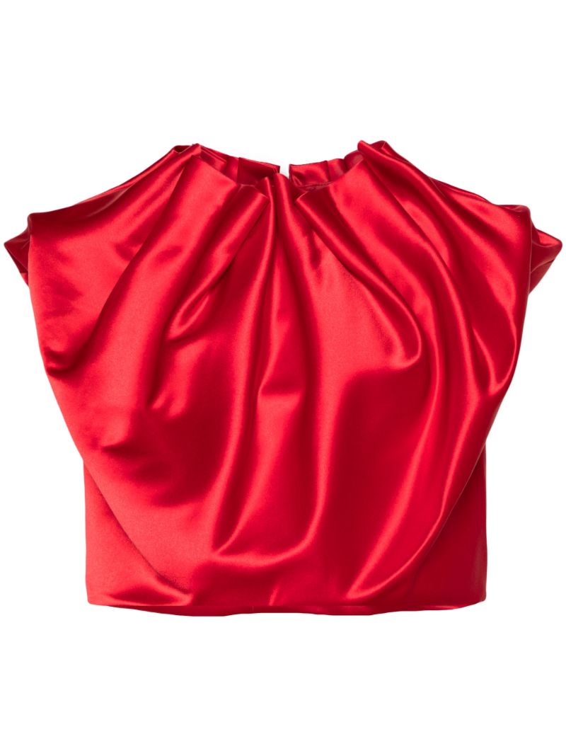 Red Draped Satin Cropped Blouse