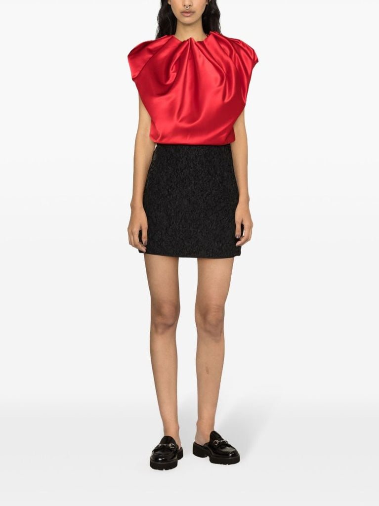 Red Draped Satin Cropped Blouse