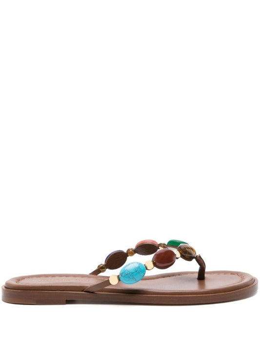 Brown Shanti Embellished Leather Flip Flops