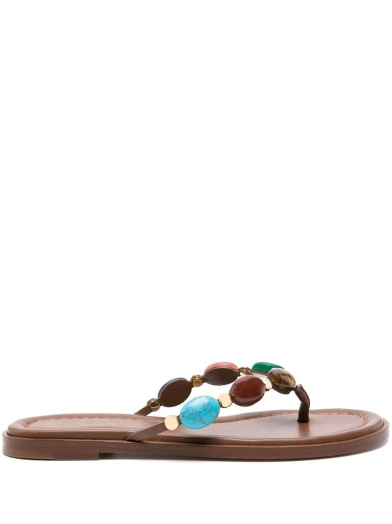 Brown Shanti Embellished Leather Flip Flops
