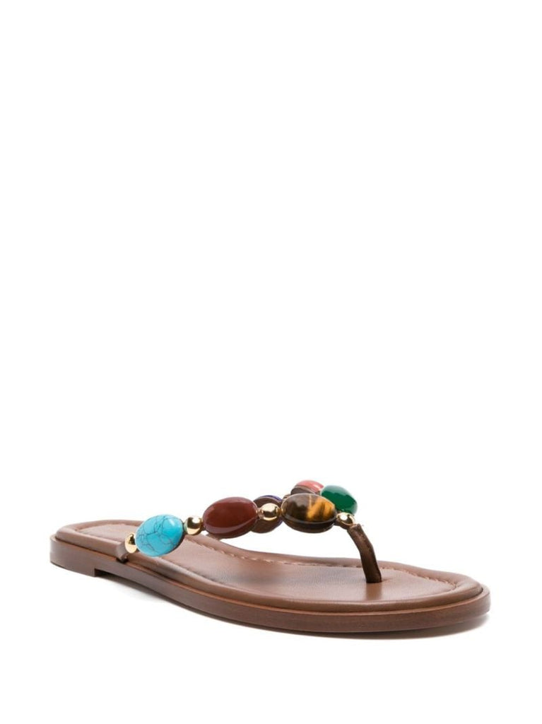 Brown Shanti Embellished Leather Flip Flops