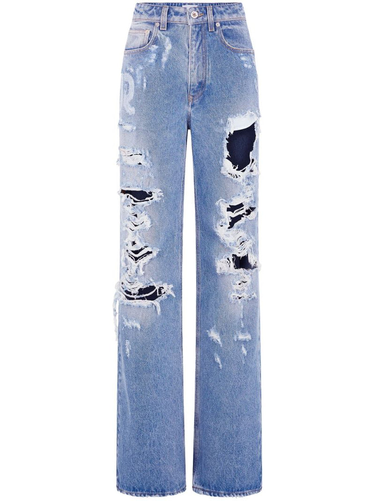 Blue Distressed Wide Leg Jeans