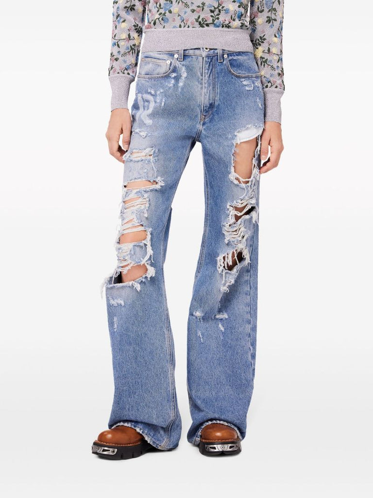 Blue Distressed Wide Leg Jeans