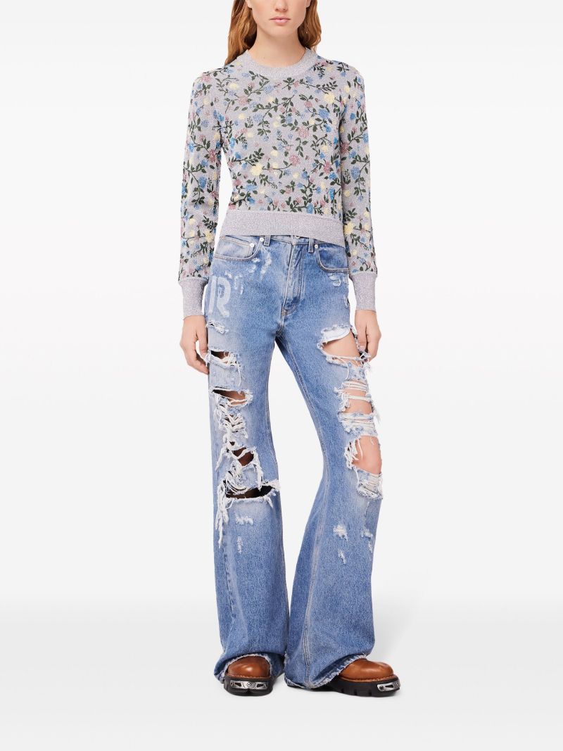 Blue Distressed Wide Leg Jeans