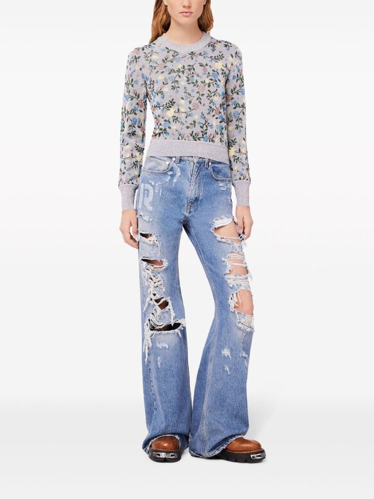 Blue Distressed Wide Leg Jeans