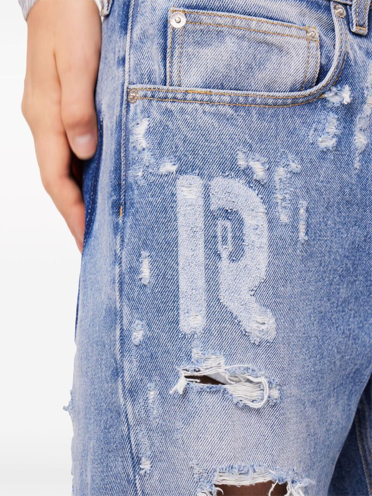Blue Distressed Wide Leg Jeans
