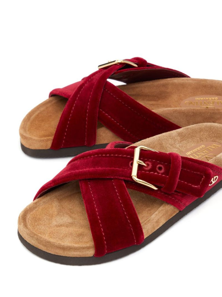 Red Fussfriend Velvet Slides