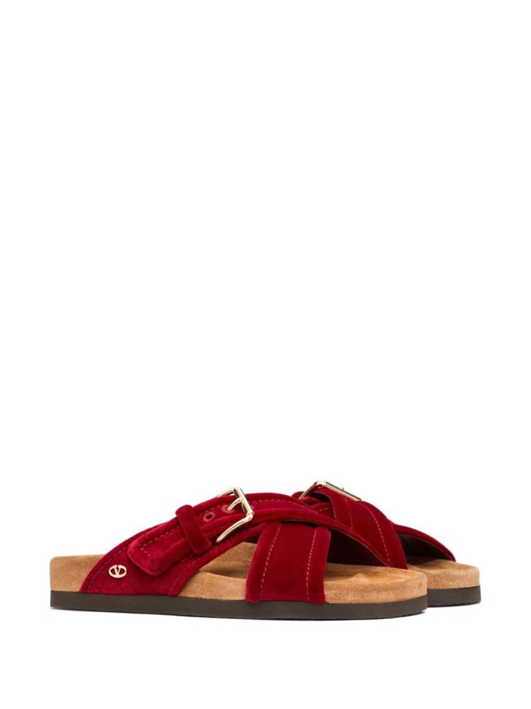 Red Fussfriend Velvet Slides