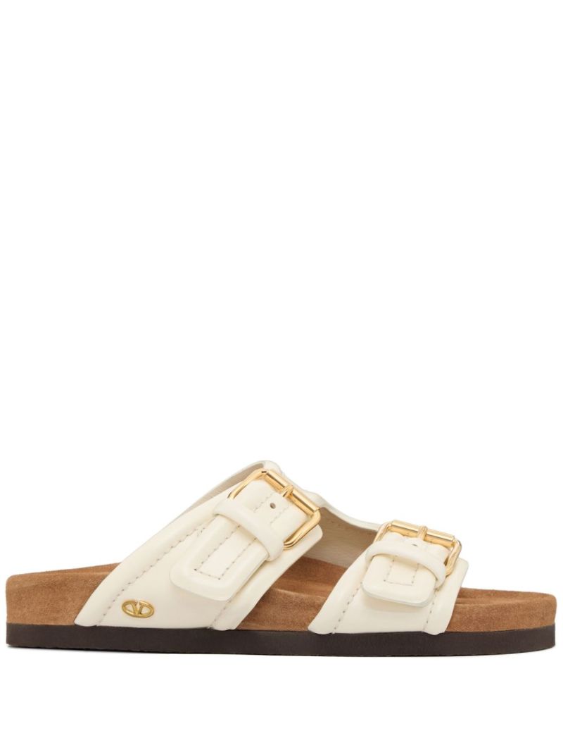 White Double-strap Leather Slides