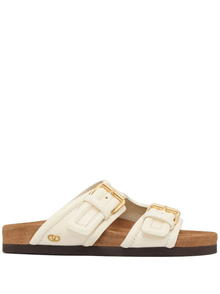 White Double-strap Leather Slides