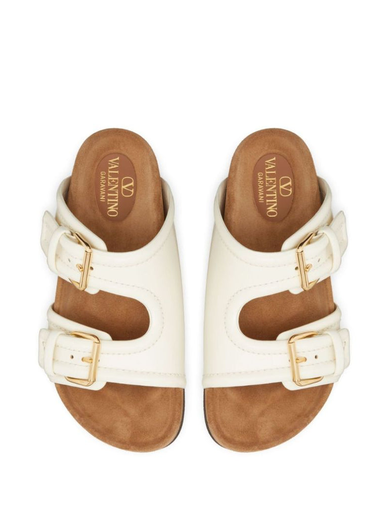 White Double-strap Leather Slides