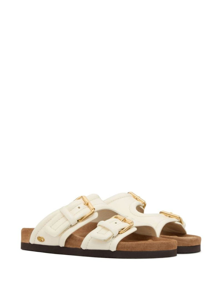 White Double-strap Leather Slides