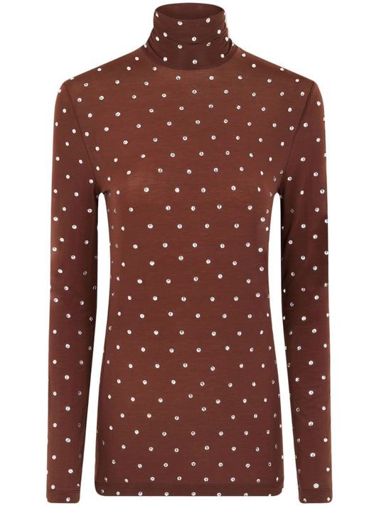 Brown Crystal-embellished Roll Neck Top