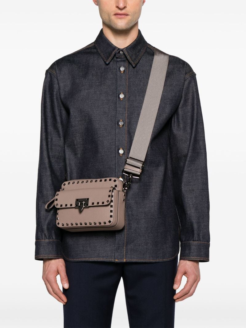 Grey Rockstud Leather Messenger Bag