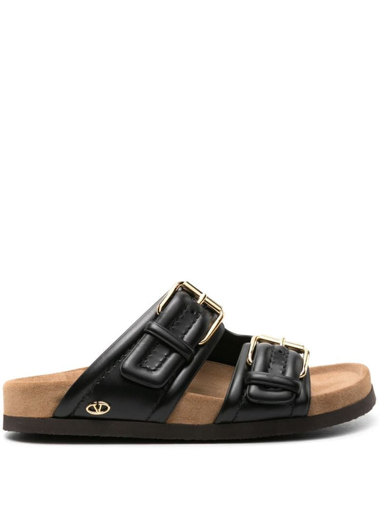 Black Fussfriend Double-strap Leather Slides