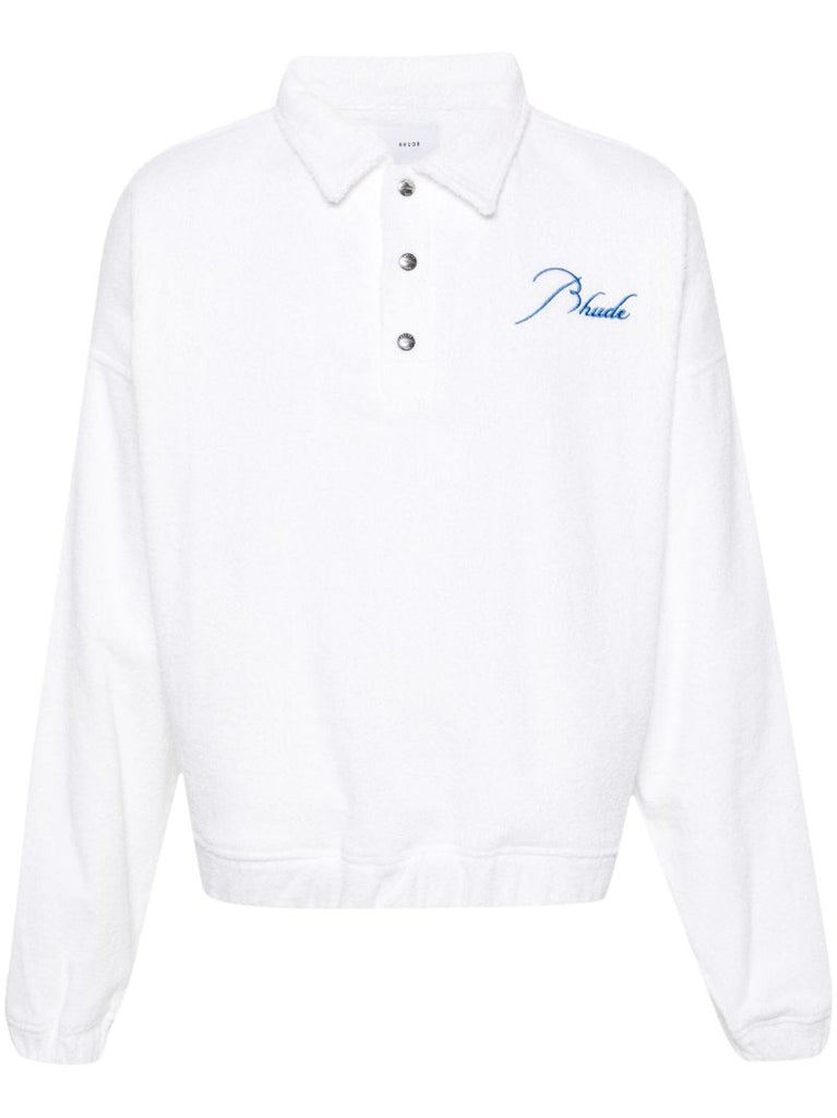 White Logo Embroidered Terry Cloth Polo Shirt