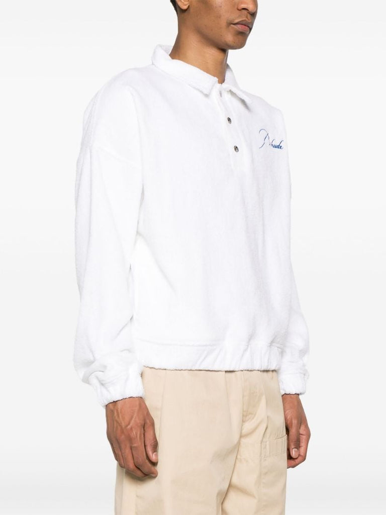 White Logo Embroidered Terry Cloth Polo Shirt