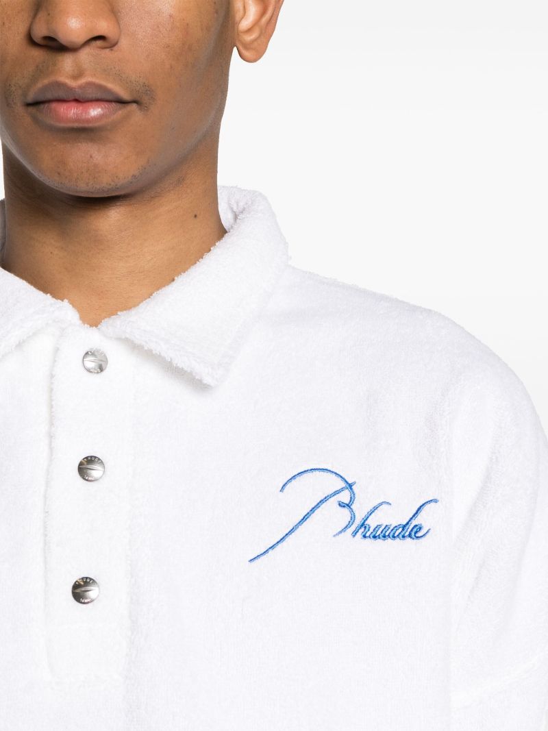 White Logo Embroidered Terry Cloth Polo Shirt
