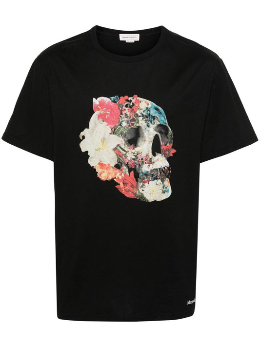 Black Skull Print Cotton T-shirt