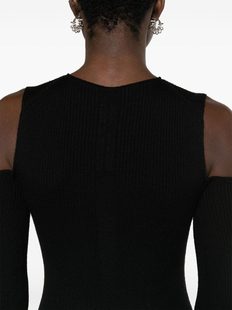 Black Ribbed Cold-shoulder Dress