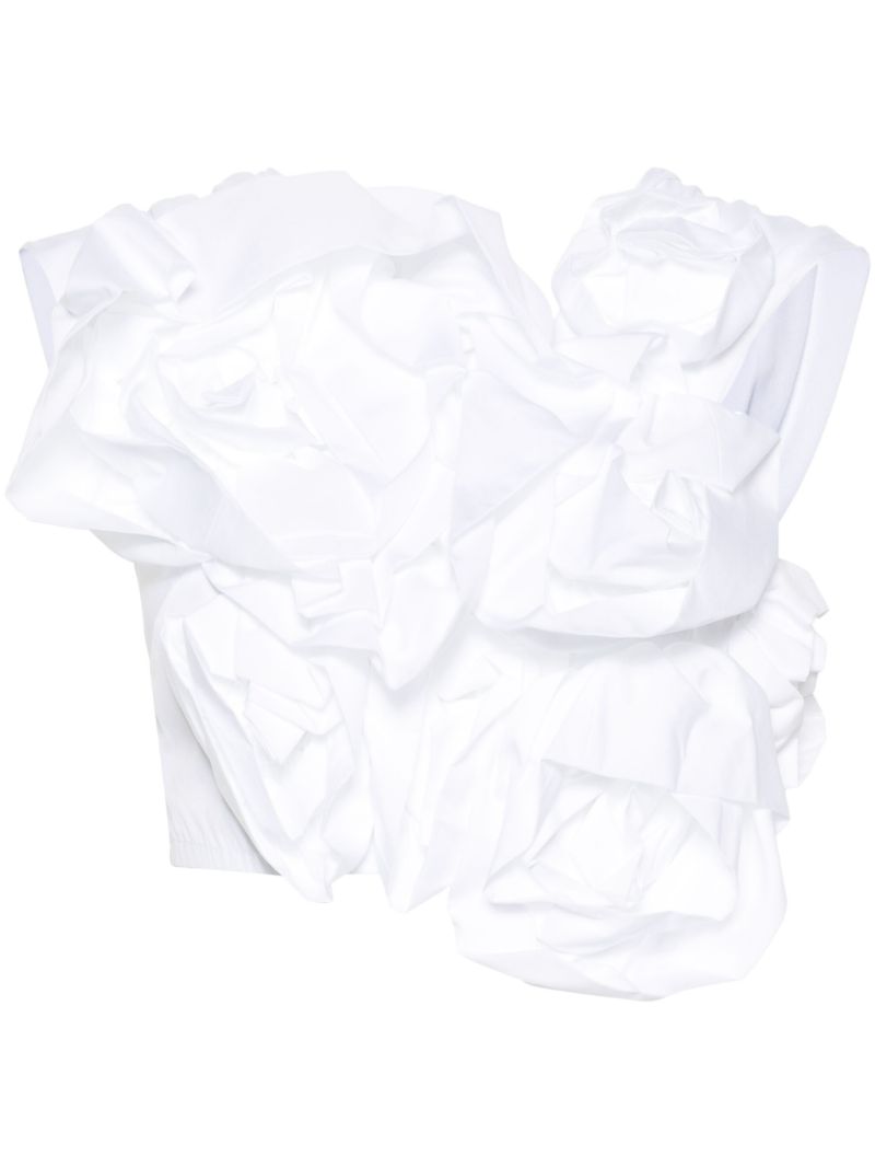 White Ruched Floral-appliquÃ© Cotton Top