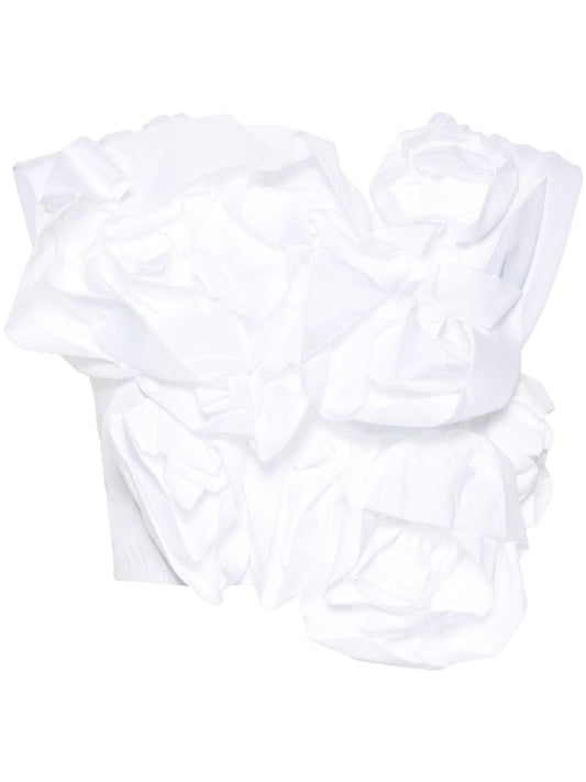 White Ruched Floral-appliquÃ© Cotton Top
