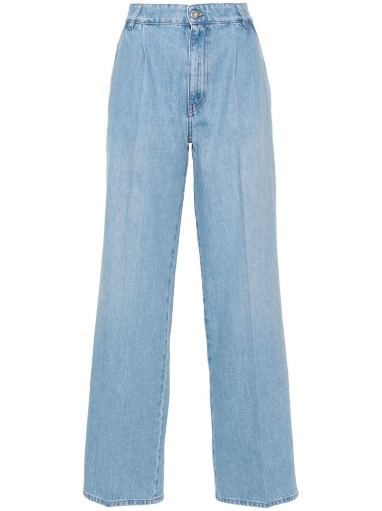 Blue Pleated Straight-leg Cotton Jeans