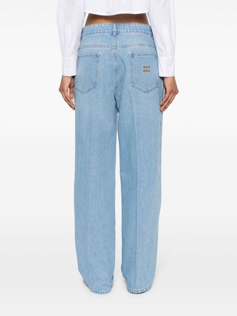 Blue Pleated Straight-leg Cotton Jeans