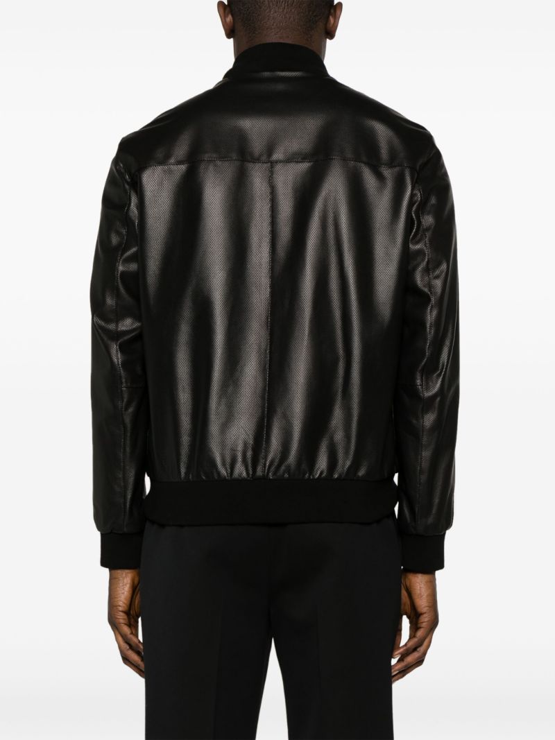 Black Perforated Leather Bomber Jacket
