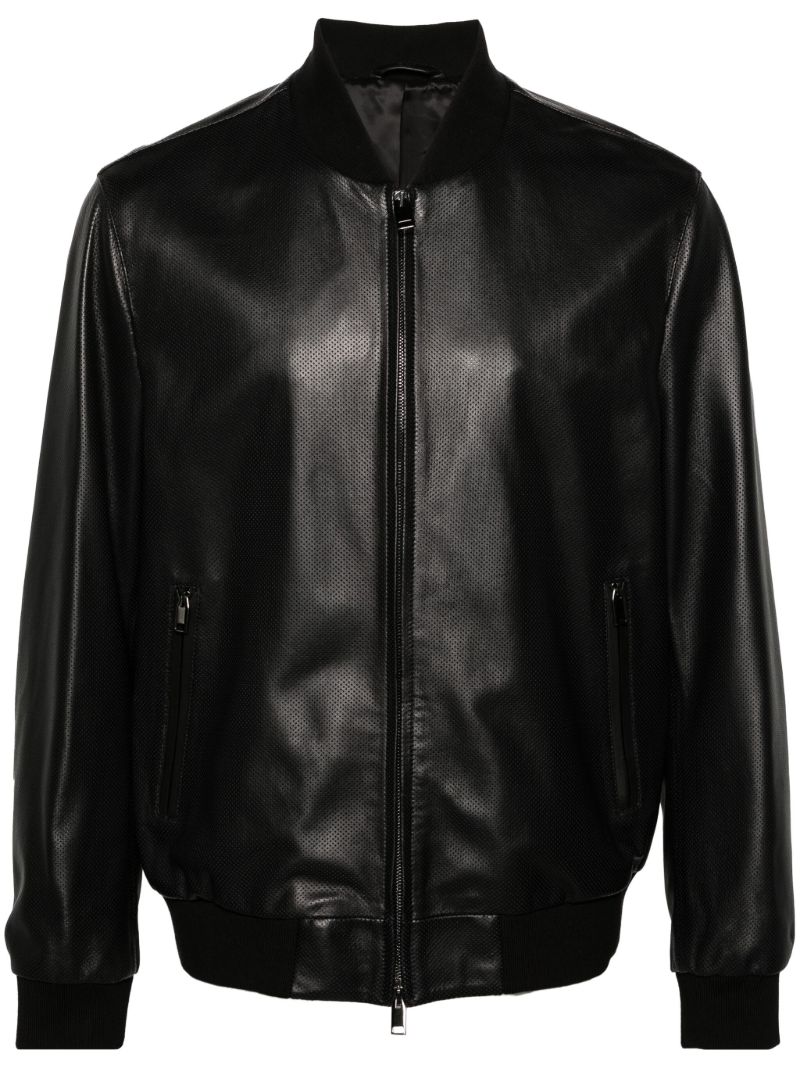 Black Perforated Leather Bomber Jacket