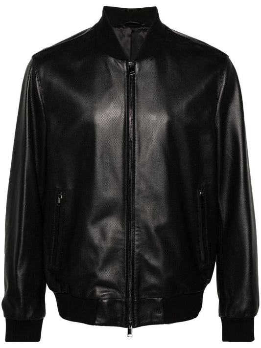 Black Perforated Leather Bomber Jacket