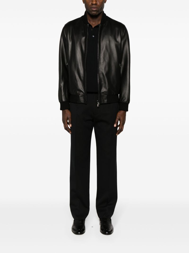 Black Perforated Leather Bomber Jacket