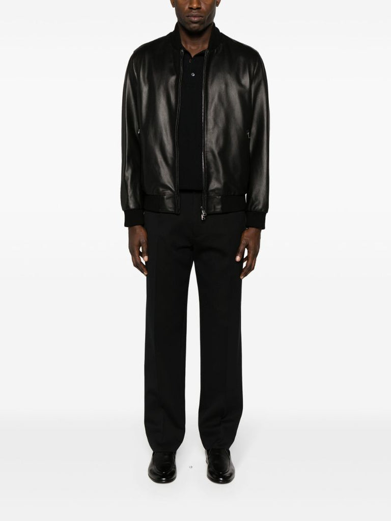 Black Perforated Leather Bomber Jacket