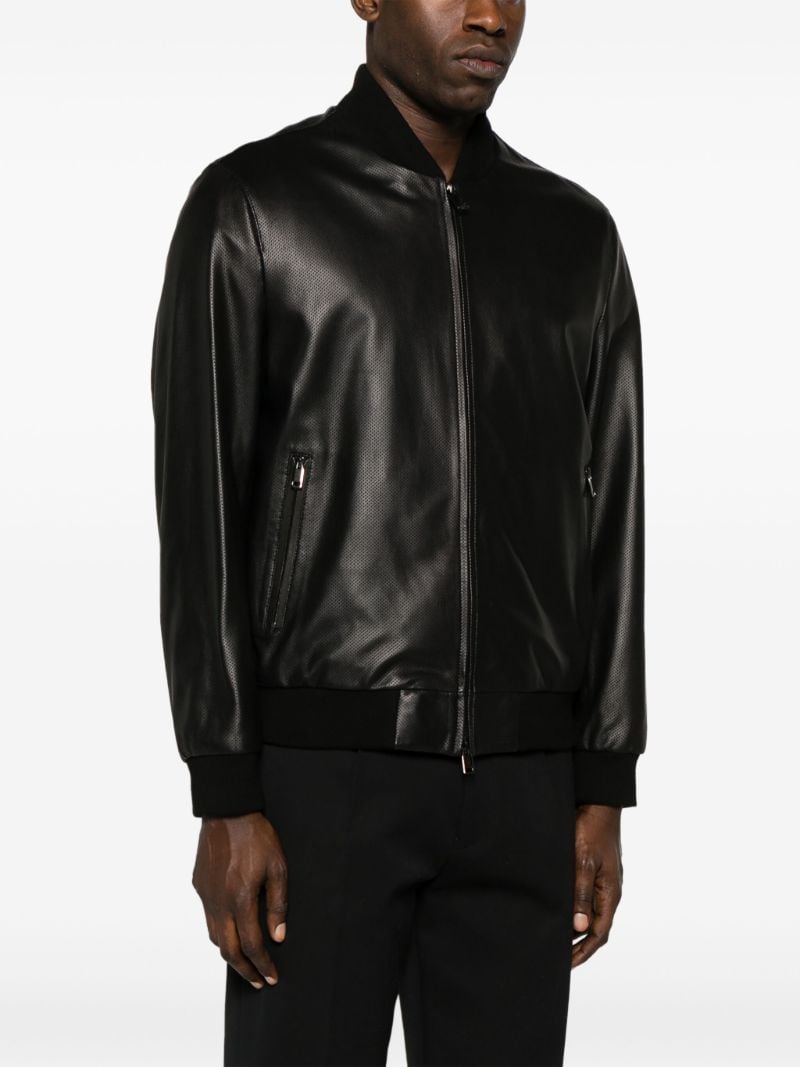 Black Perforated Leather Bomber Jacket