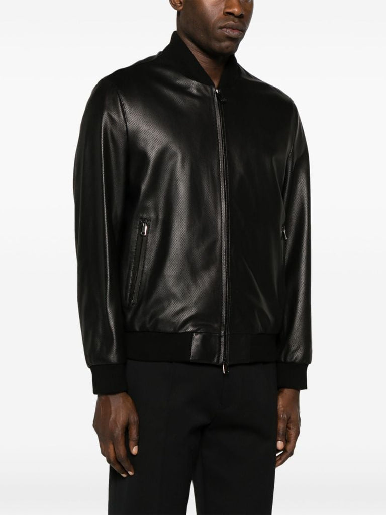 Black Perforated Leather Bomber Jacket