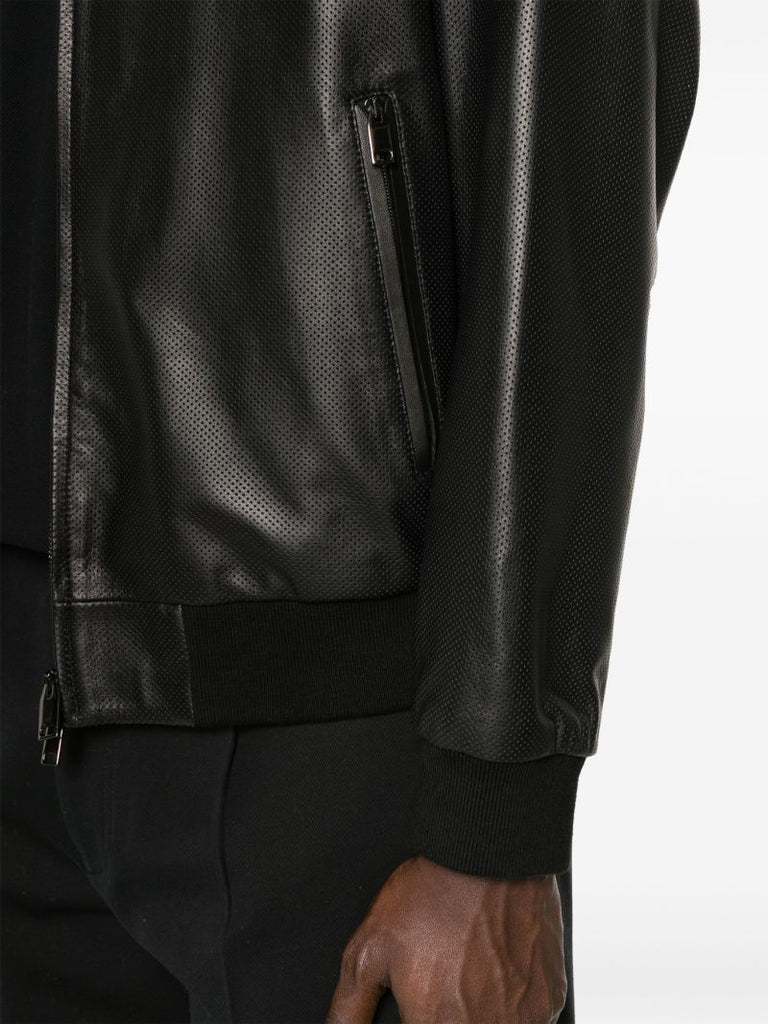 Black Perforated Leather Bomber Jacket